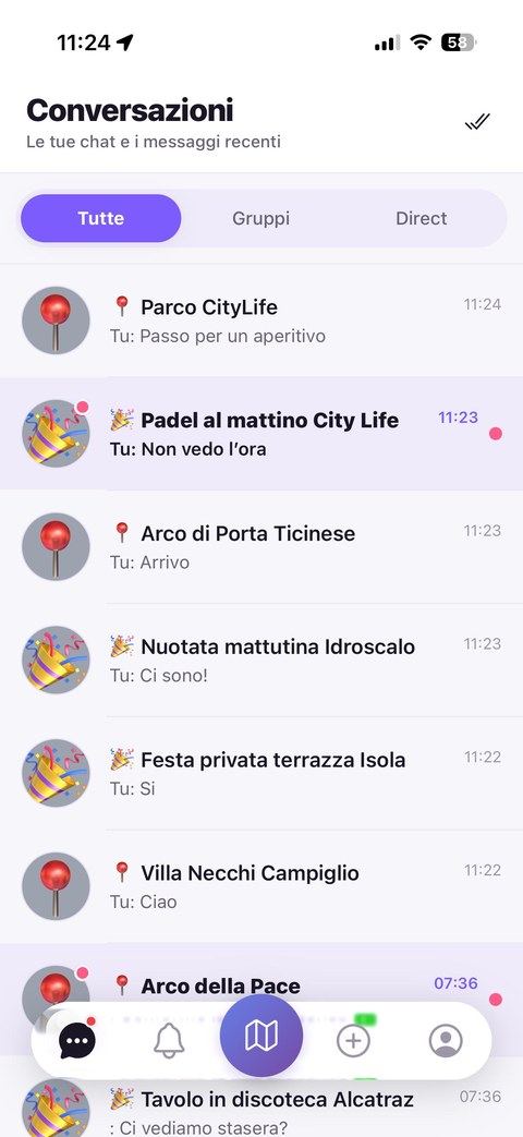Lista conversazioni: chat private, gruppi e chat di eventi