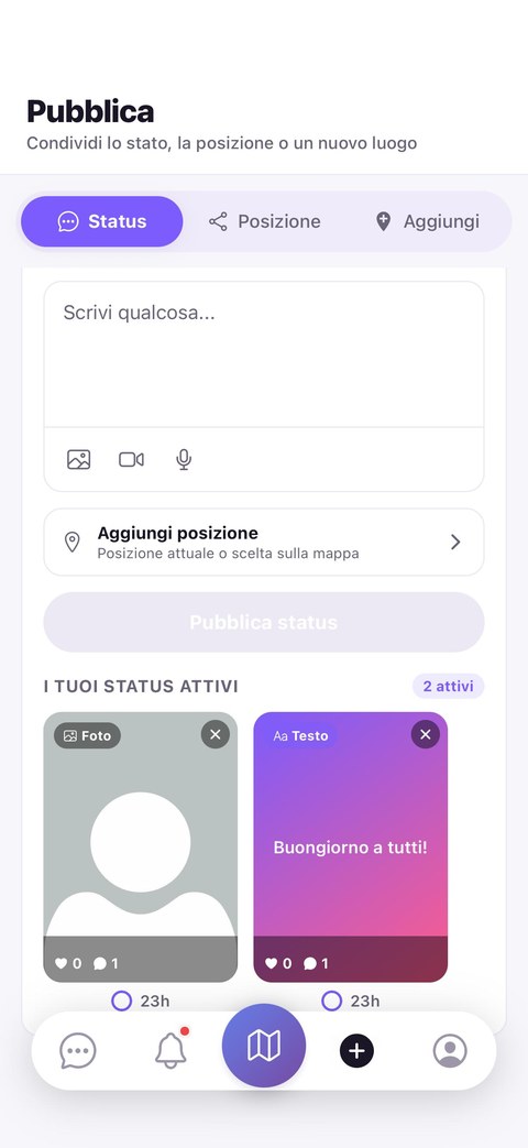 Schermata Pubblica: status con testo, foto, video o vocale